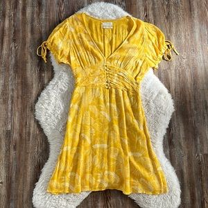 Urban Outfitters Yellow V Neck Leaf Printed Dress